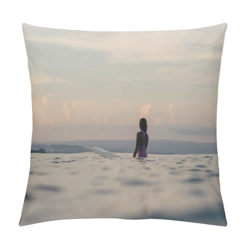 Personality  Silhouette Of Surfer Sitting On Surfboard In Sea At Sunset Pillow Covers