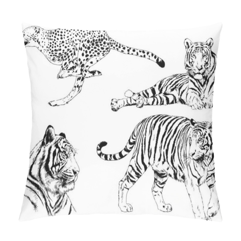 Personality  Set Of Vector Drawings On The Theme Of Predators Tigers Are Drawn By Hand With Ink Tattoo Logos Pillow Covers