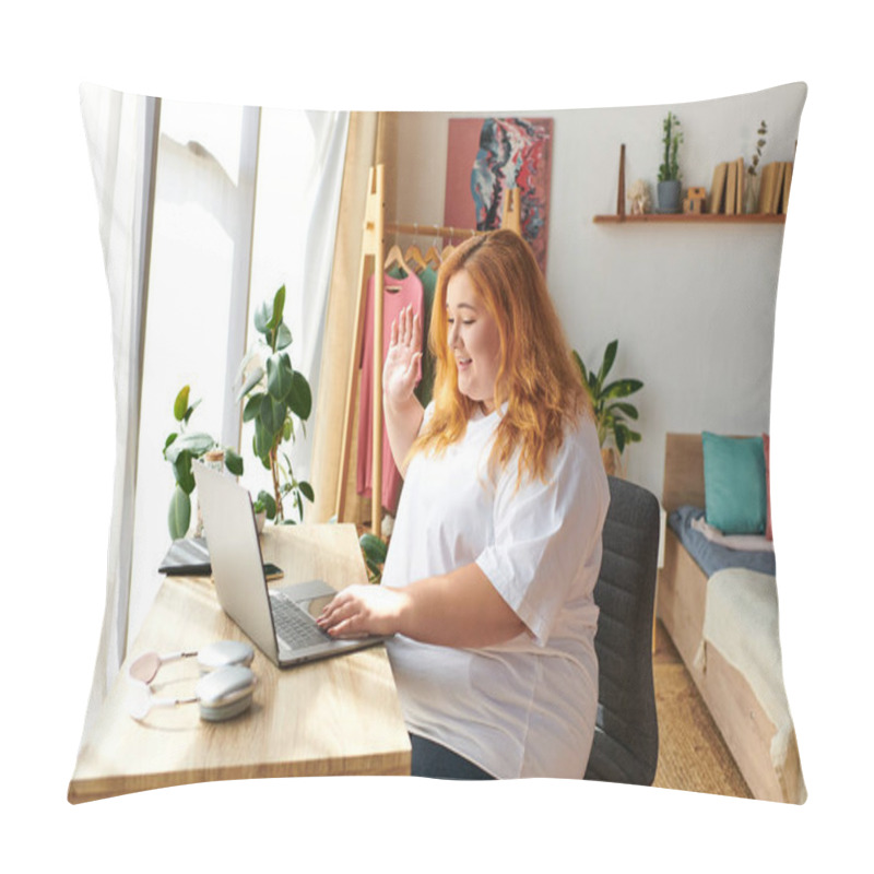 Personality  A Joyful Plus Size Woman Smiles While Waving During A Video Call At Her Cozy Home Office. Pillow Covers