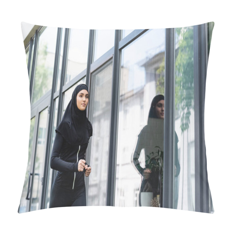 Personality  Arabian Woman In Hijab And Sportswear Jogging Near Building  Pillow Covers