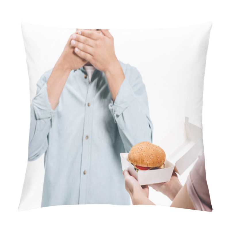 Personality  Cropped Image Of Man Covering Mouth, Woman Proposing Burger Isolated On White Pillow Covers