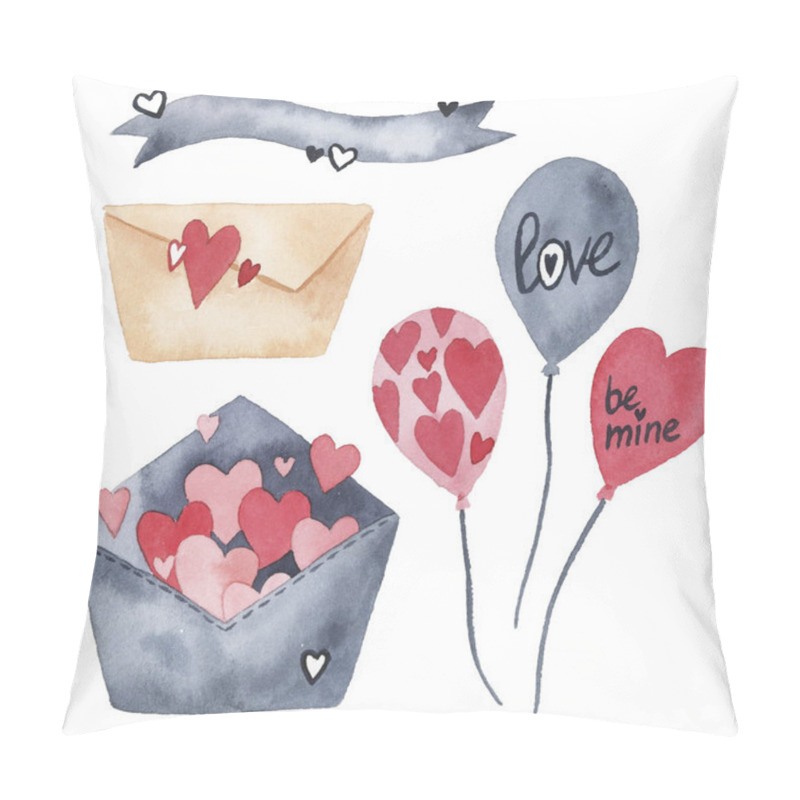 Personality  Watercolor Set With Elements For Valentine's Day On A White Background. Hearts, Sweets, Balls, Gifts And Other Cute Items Pillow Covers