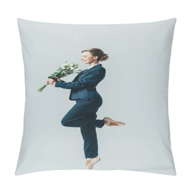 Personality  Happy Businesswoman In Suit And Ballet Shoes With Bouquet Of Flowers, Isolated On Grey Pillow Covers