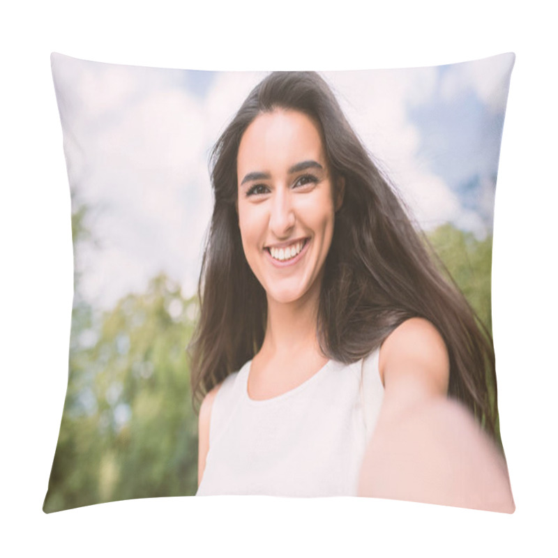 Personality  Beautiful Self Portrait Of Young Brunette Smiling Woman On Nature And Sky Background In The Park. Travel. Selfie. Instagram Pillow Covers