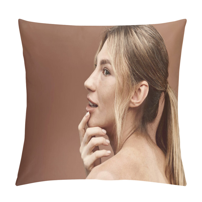 Personality  A Young Woman With Vitiligo Poses Against A Beige Background. She Is Wearing A Bare Shoulder Top And Her Hair Is Pulled Back In A Ponytail. Pillow Covers