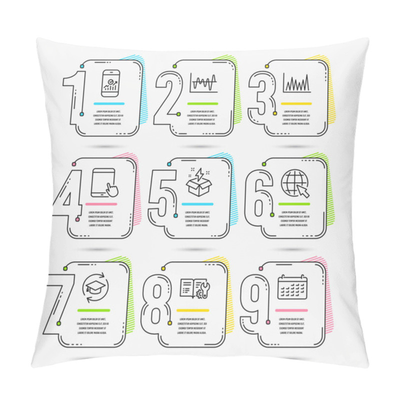 Personality  Infographic Template With Numbers 9 Options. Set Of Creative Idea, Line Graph And Internet Icons. Tablet Pc, Continuing Education And Stock Analysis Signs. Vector Pillow Covers