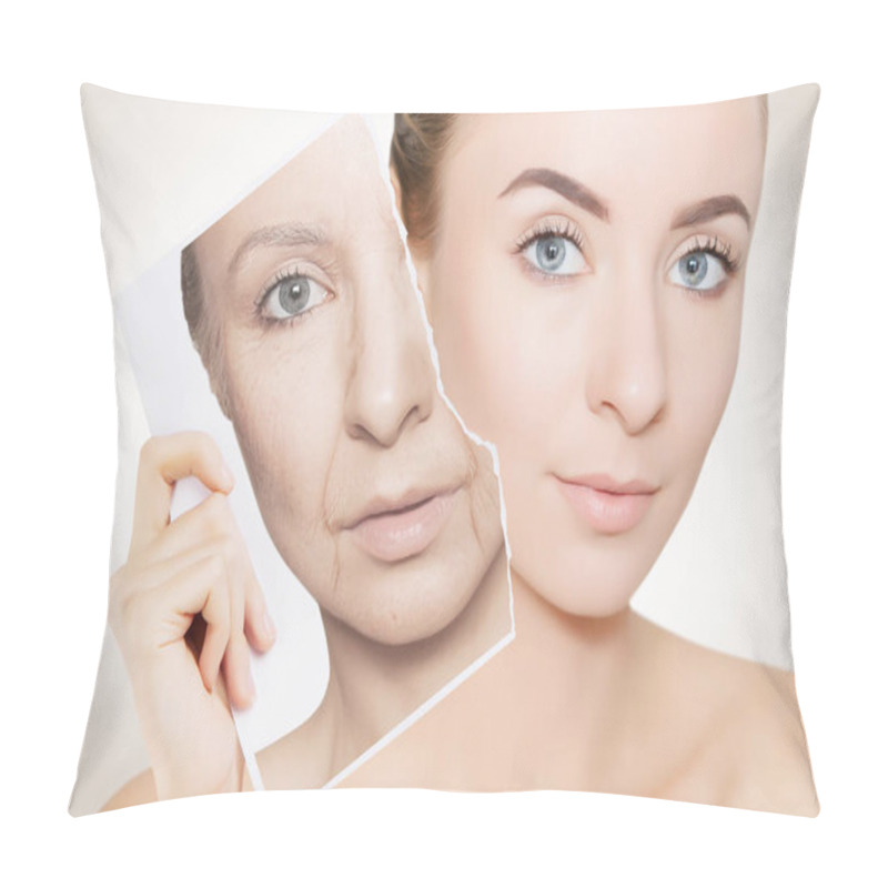 Personality  Closeup Portrait Of Young Woman Face Holding Portrait With Old Wrinkled Face Pillow Covers