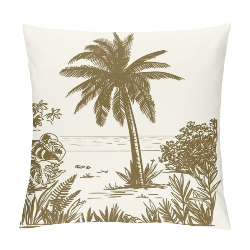 Personality  Three Palm Trees Grow On A Wild Beach. Vector Sketch On White Background Pillow Covers