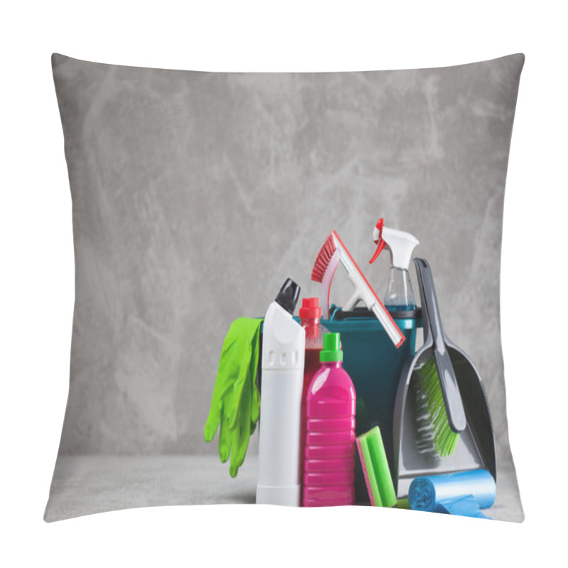 Personality  Cleaning Supplies On Grey Background Pillow Covers