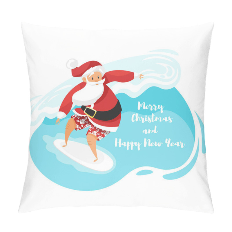 Personality  Vector Cartoon Style Illustration Of Santa Surfer Riding The Wave. Pillow Covers