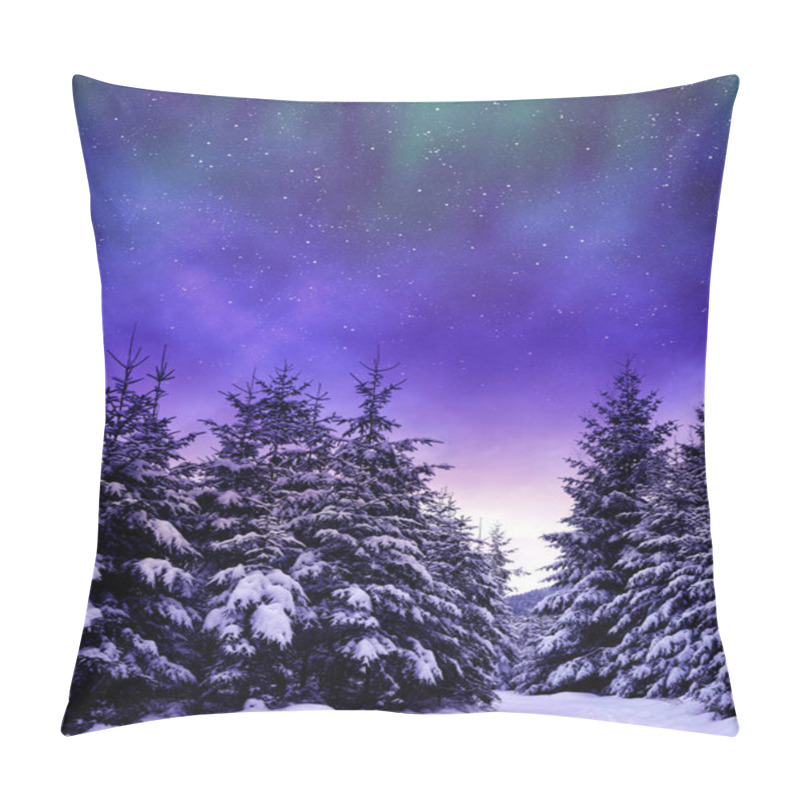 Personality  Snowy Trees In Winter Landscape At The Night Sky With Aurora Borealis. Pillow Covers