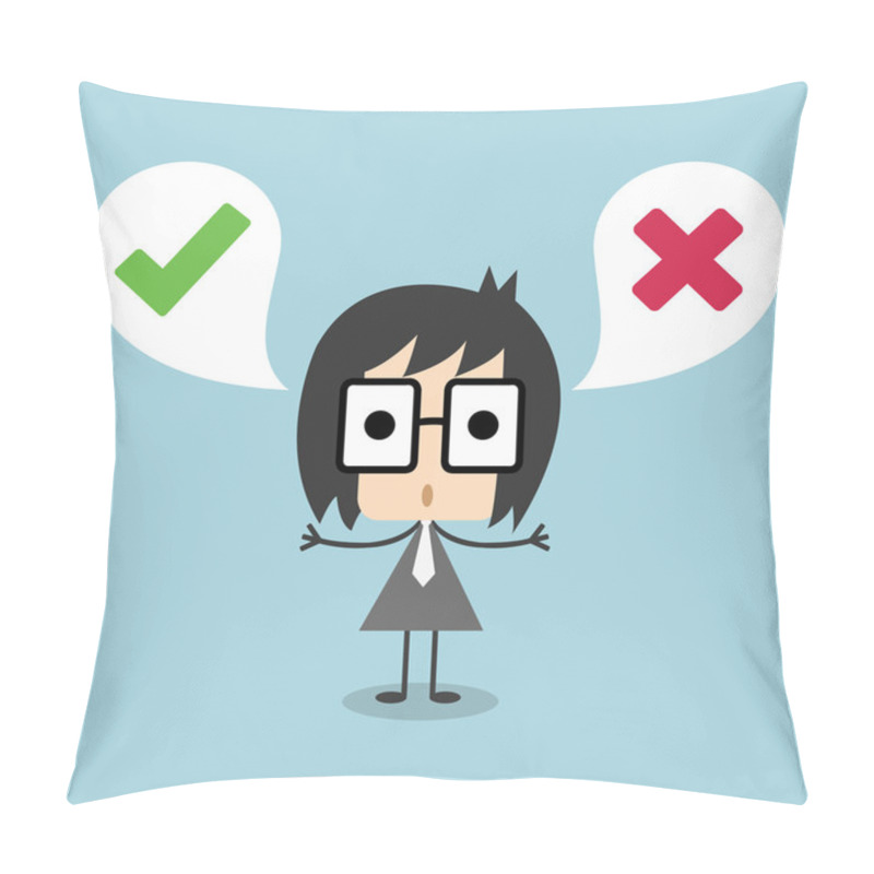 Personality  Vector Businessman Standing With Speech Bubble, Making Decision Between Right Or Wrong Represent With Checkmark And Cross Symbol Pillow Covers