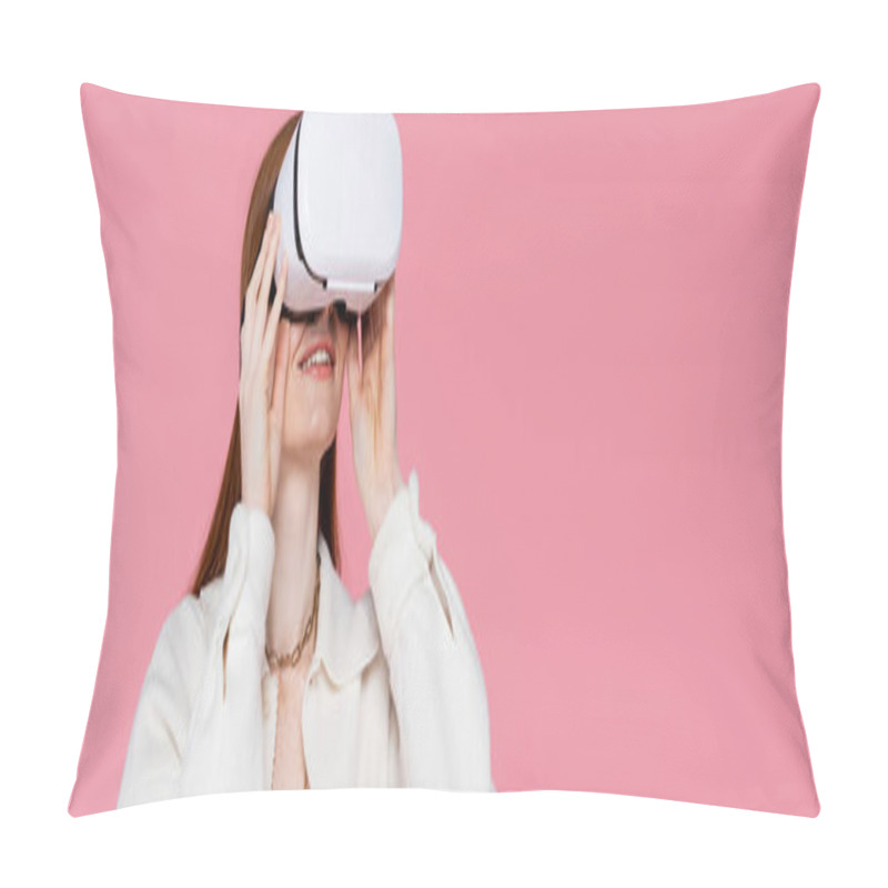 Personality  Happy Woman Using Virtual Reality Headset While Standing Isolated On Pink, Banner  Pillow Covers