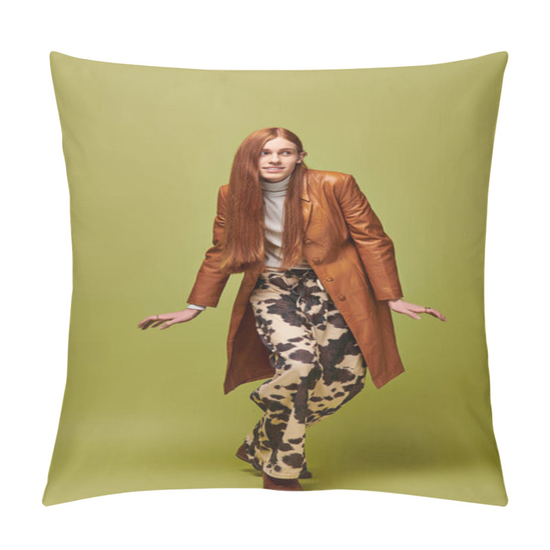 Personality  A Young Man With Long Red Hair Showcases Emotions While Dressed In Fashionable Attire. Pillow Covers