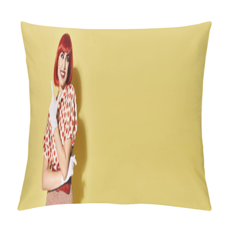 Personality  A Stunning Redhead Woman With Pop Art Makeup Strikes A Pose On A Vibrant Yellow Backdrop. She Exudes Comic Book Glamour. Pillow Covers