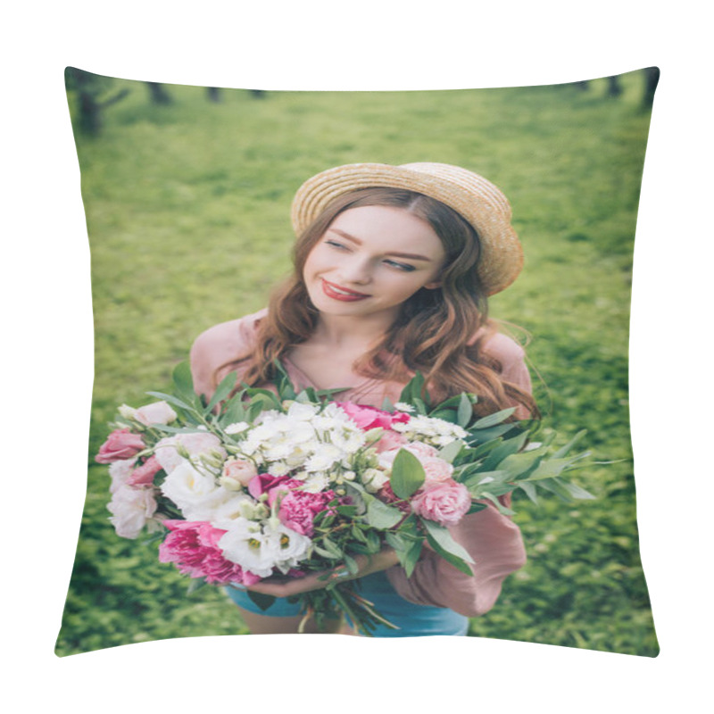 Personality  High Angle View Of Beautiful Smiling Woman In Hat With Bouquet Of Flowers Looking Away In Park Pillow Covers