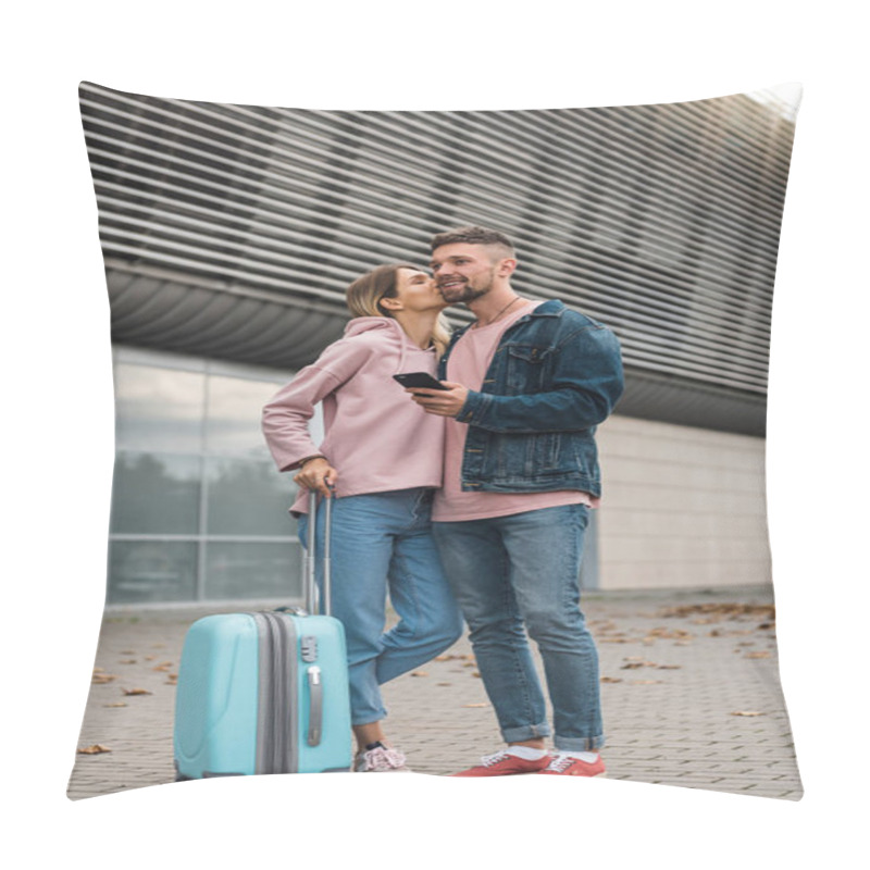 Personality  Traveling. Couple Using Phone, Waiting Transport Near Airport. Pillow Covers