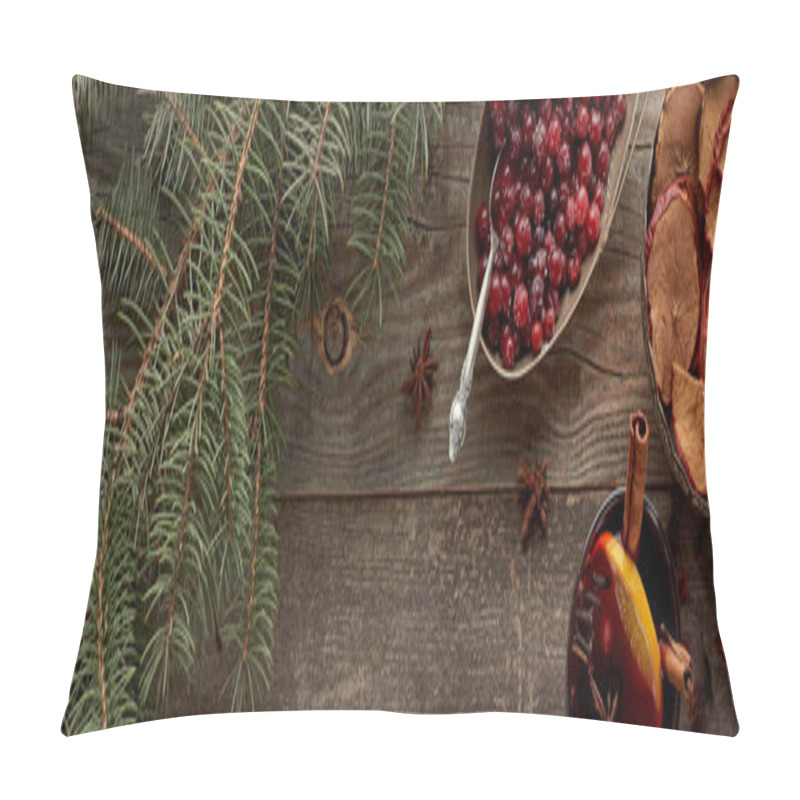 Personality  Top View Of Red Spiced Mulled Wine With Berries, Anise, Orange Slices And Cinnamon On Wooden Rustic Table Near Fir Branch, Panoramic Shot Pillow Covers