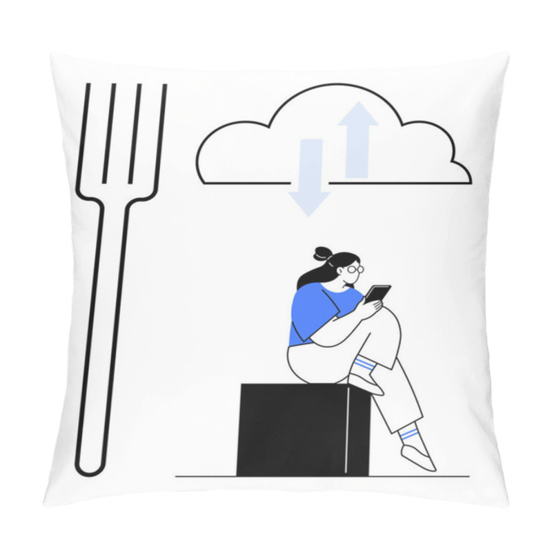 Personality  Woman Reading Tablet While Sitting On A Box Beside A Giant Fork And Cloud With Up And Down Arrows. Ideal For Technology, Data, Reading, Digital Tools, Cloud Computing, Modern Life, Lifestyle Pillow Covers