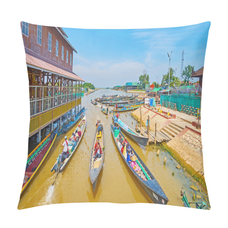 Personality  YWAMA, MYANMAR - FEBRUARY 18, 2018: The Busy Canal Of Inle Lake With Many Floating Canoe Boats Next To The Wharf Of Hpaung Daw U Pagoda, On February 18 In Ywama. Pillow Covers