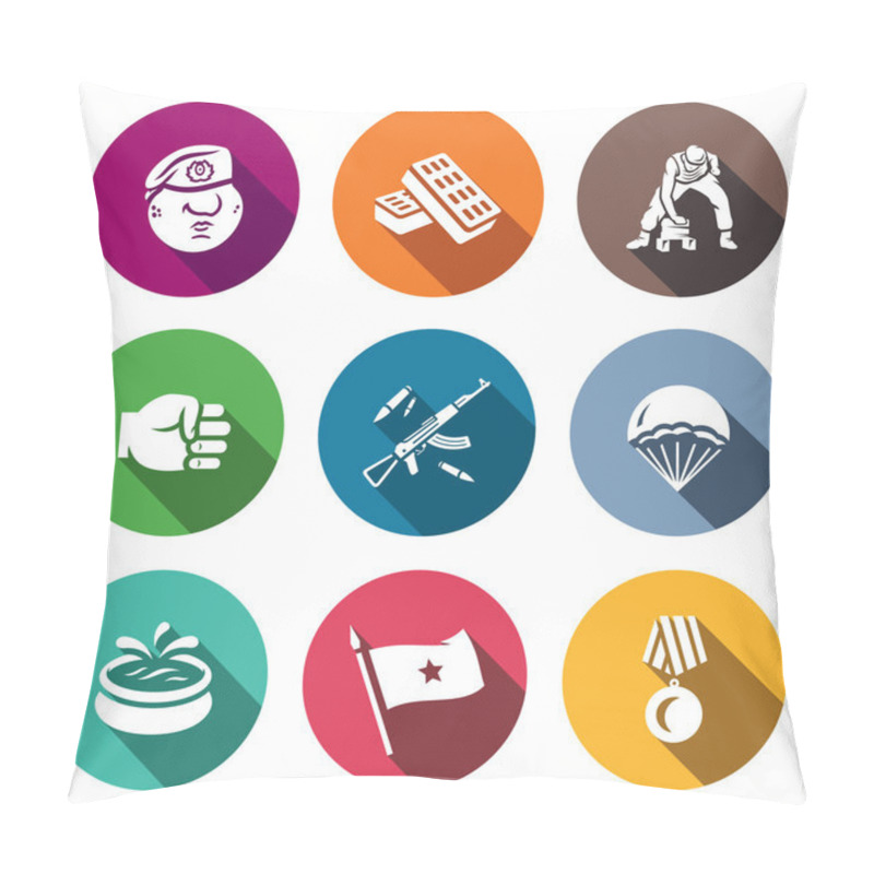 Personality  Vector Set Of Russia Airborne Troops Icons. Soldier, Beret, Bricks, Workout, Punch, Weapon, Landing, Fountain, Flag, Award. Pillow Covers