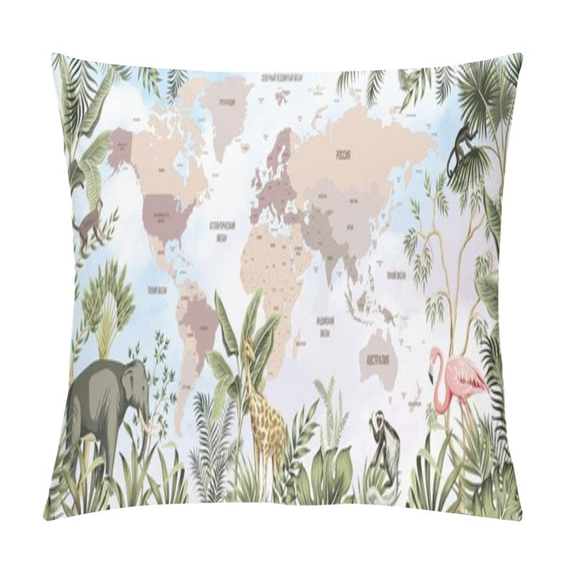 Personality  Children's World Map. World Map With The Names Of Countries In Russian. Russia, America, Africa, Australia, Europe, Antarctica. A Drawn Map Of The World With Animals. Pillow Covers