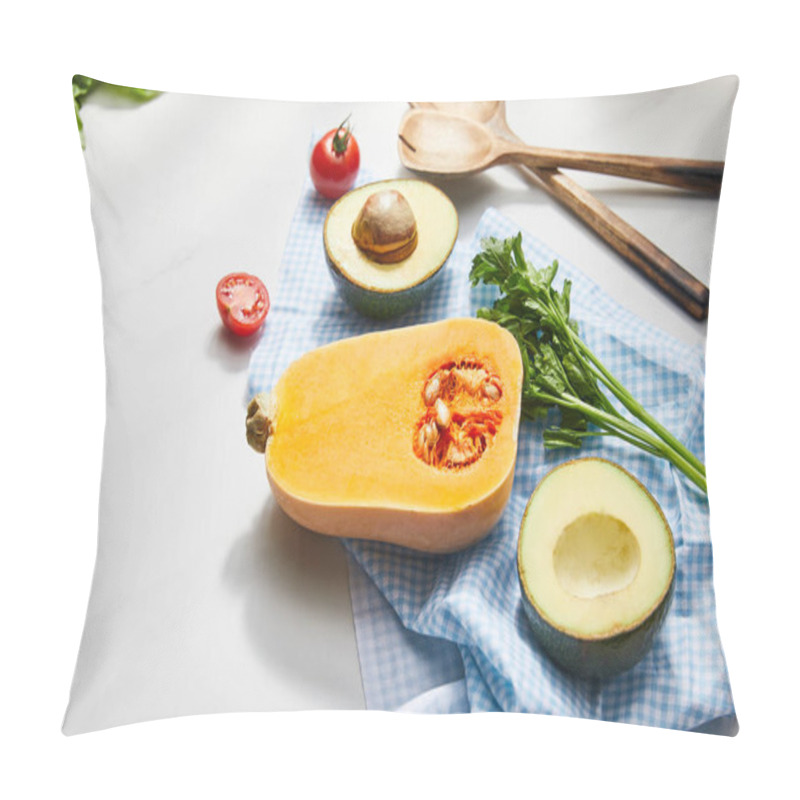 Personality  High Angle View Of Vegetables, Greenery And Avocado Halves On Cloth Near Spatulas On White Background Pillow Covers