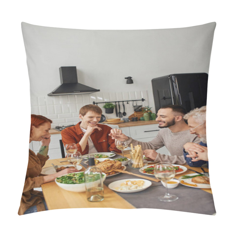 Personality  Happy Gay Man Holding Hand Of Boyfriend While Showing Wedding Ring To Parents During Family Supper Pillow Covers