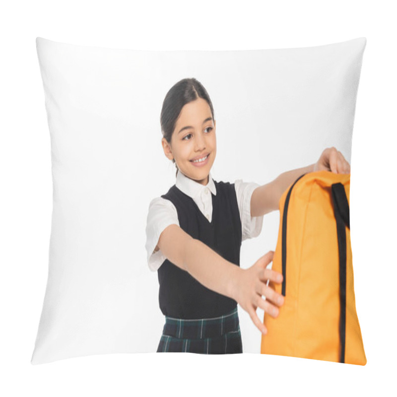 Personality  Positive Schoolgirl Taking Backpack Isolated On White, Back To School Concept, Girl In Uniform, Joy Pillow Covers