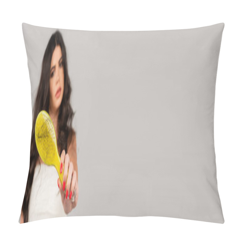 Personality  Blurred Woman Showing Hair Brush With Damaged And Lost Hair Isolated On Grey, Banner Pillow Covers