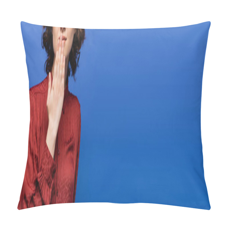 Personality  Partial View Of Young Woman In Burgundy Blouse Showing Symbol Meaning Thank You On Sign Language Isolated On Blue, Banner Pillow Covers