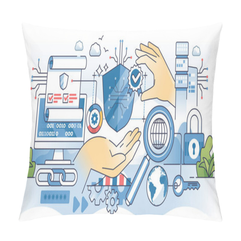 Personality  Cybersecurity Certifications And Security Certificate Outline Hands Concept. Secure Network Control With Professional Safety Standards Vector Illustration. Online Protection With Approved Software. Pillow Covers