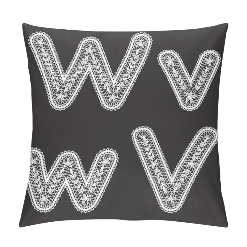 Personality  Uppercase And Lowercase Letters W And V Are Written By White Lace. Lace Type Font For The Inscriptions. Pillow Covers