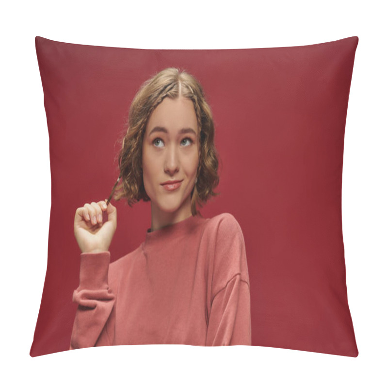 Personality  Portrait Of Young Pensive Woman With Short Wavy Hair And Braids Looking Away On Red Background Pillow Covers