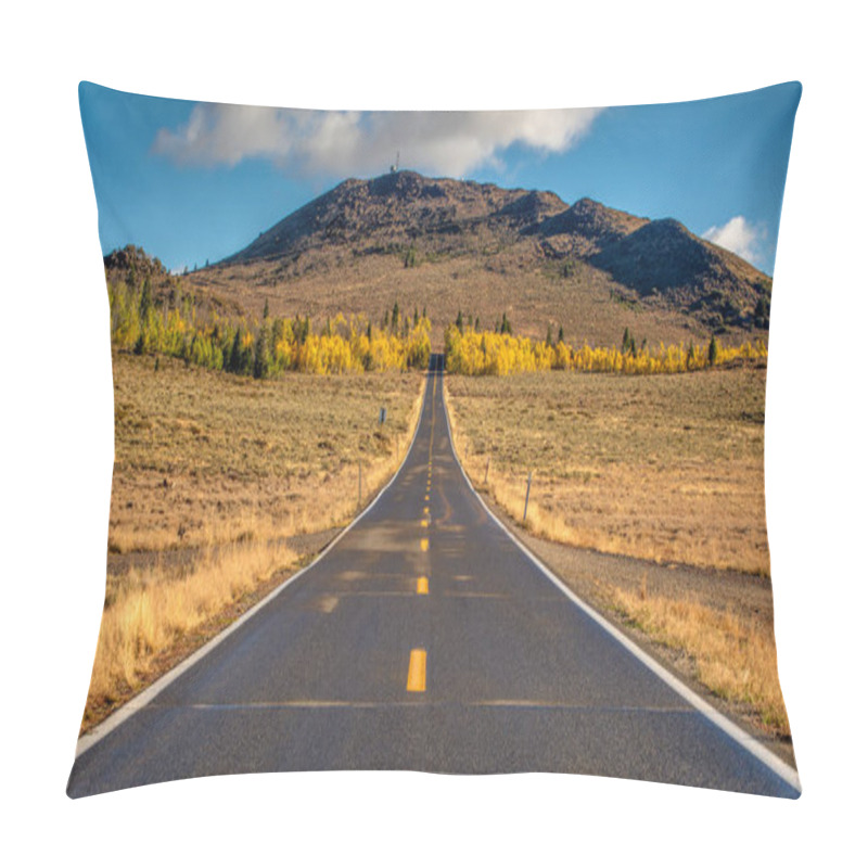 Personality  Paved Road Near Monitor Pass In California, USA, In The Autumn, Leading To A Patch Of Yellow Aspen Trees And Pine Trees In The Distance Pillow Covers