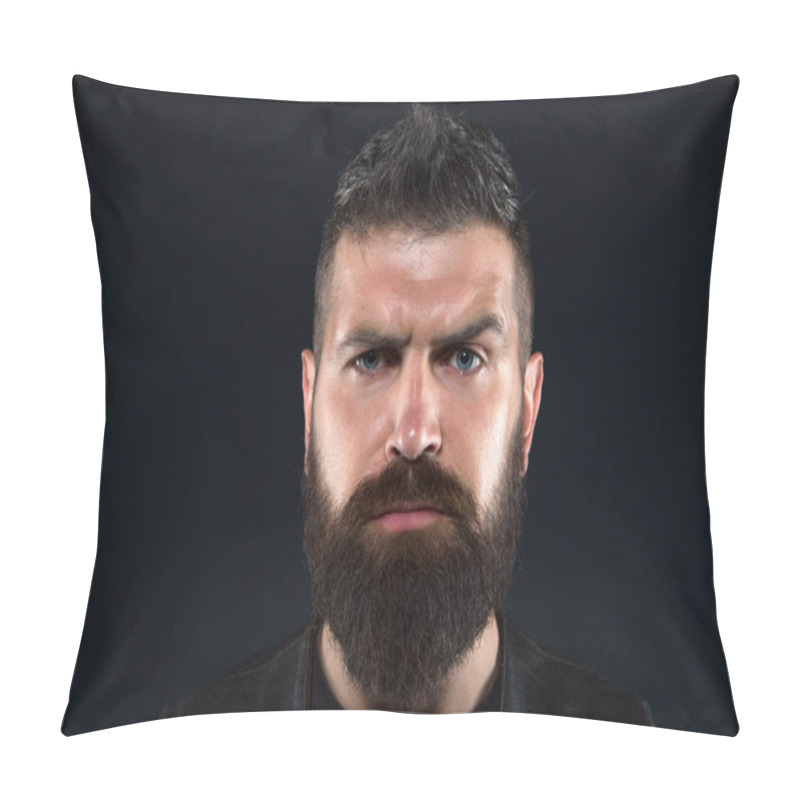 Personality  Facial Hair. Male Face. Handsome Face. Fashion Model. Man With Beard In Black Leather Clothes. Man Confident And Brutal Style Black Background. Barbershop Concept. Grow Mustache. Strict Mature Face Pillow Covers