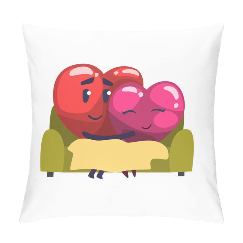 Personality  Cute Red And Pink Hearts Characters Embracing While Sitting On The Sofa, Funny Couple In Love. Happy Valentines Day Concept Cartoon Vector Illustration Pillow Covers