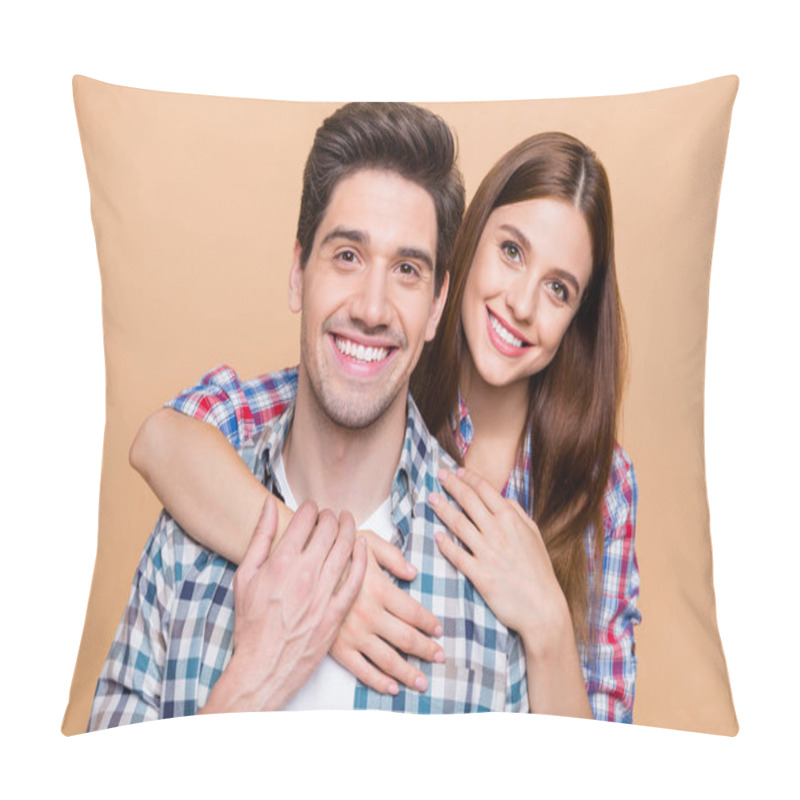 Personality  Close Up Photo Of Cheerful Positive Cute Couple Of Two White People Smiling Toothily Loving Each Other Affectionately Admiring Company Isolated Over Beige Pastel Color Background Pillow Covers