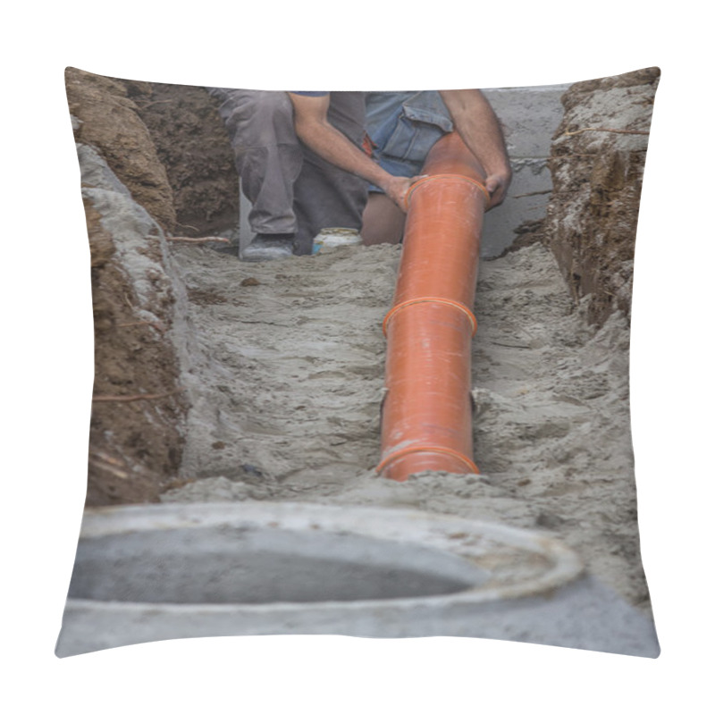 Personality  Workers Laying PVC Pipes At The Ditch Bottom 2 Pillow Covers