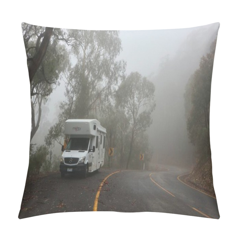 Personality  The Photo Captures A White Campervan Parked On A Winding Road Surrounded By Dense Trees. Both The Road And The Surrounding Trees Are Enveloped In A Thick Fog, Creating A Mystical Atmosphere. This Image Can Be Interpreted As A Symbol The Unknown.     Pillow Covers