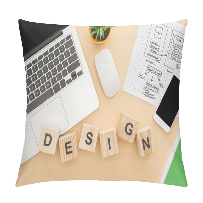 Personality  Top View Of Gadgets Near Wooden Blocks With Design Lettering, Website Design Template And Green Plant On Beige Background Pillow Covers