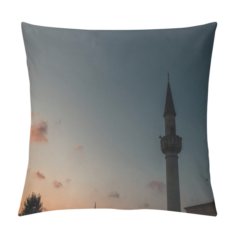 Personality  Low Angle View Of Column Of Mihrimah Sultan Mosque And Sky During Sunset At Background, Istanbul, Turkey  Pillow Covers