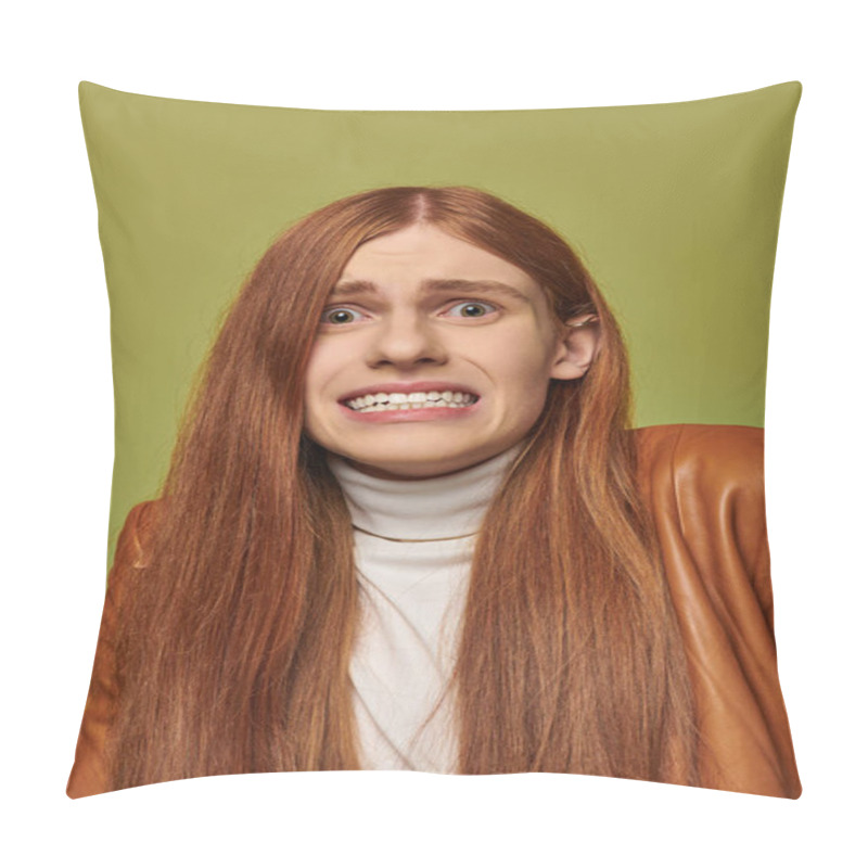 Personality  Young Man With Long Red Hair Shows An Emotional Expression Against A Vivid Backdrop. Pillow Covers