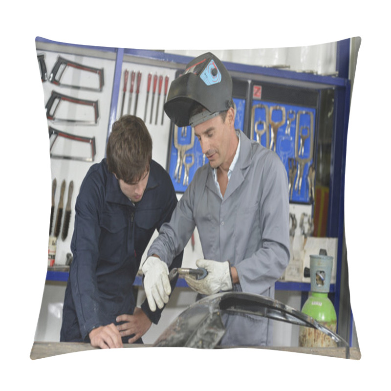 Personality  Trainee With Instructor Using Welding Machine Pillow Covers