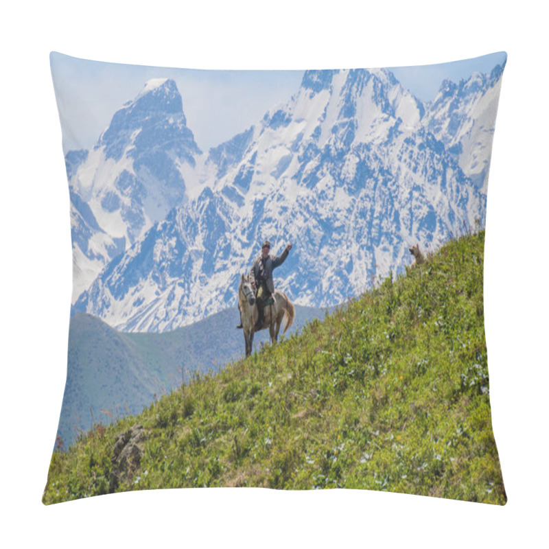 Personality  ALAMEDIN, KYRGYZSTAN - MAY 21, 2017: Herdsman On A Horse With His Dog At A Pasture In Alamedin Valley. Pillow Covers