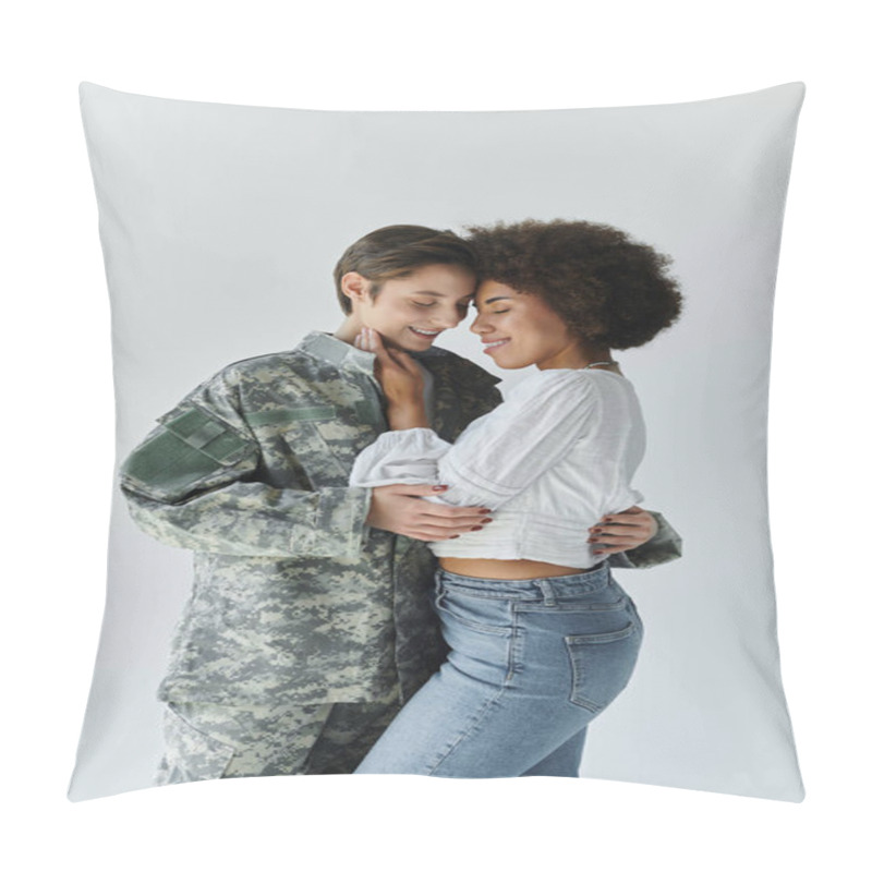 Personality  A Young Military Soldier Embraces Her Wife Tenderly Before Deployment In A Studio. Pillow Covers