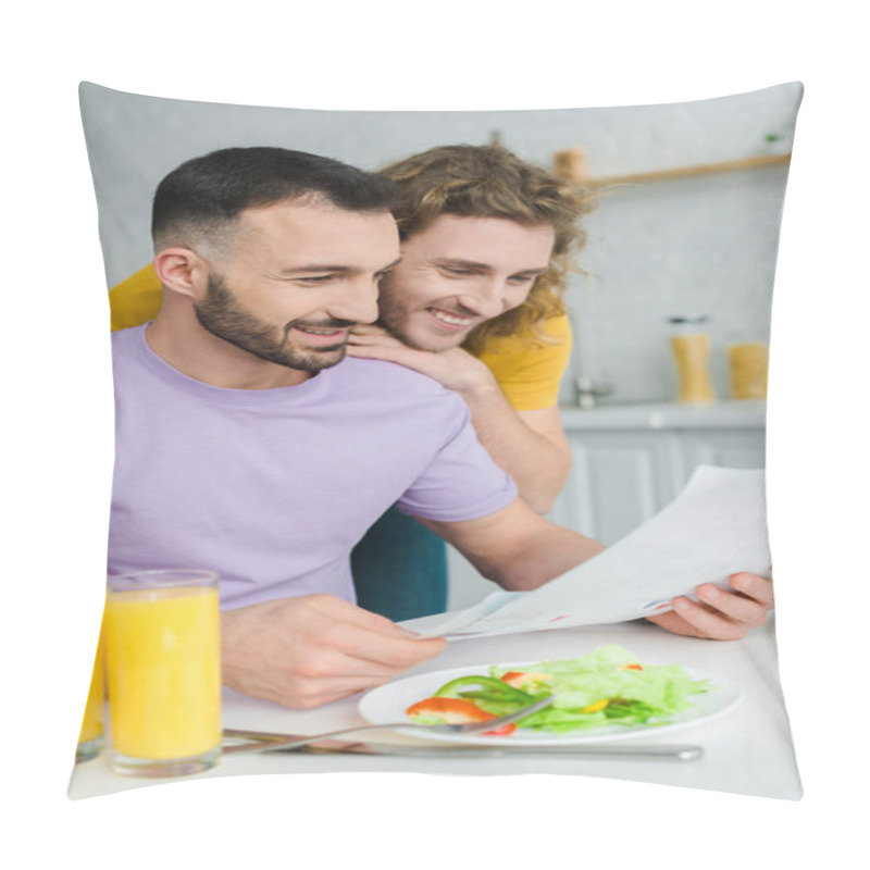 Personality  Happy Homosexual Men Looking At Drawing Near Salad And Glasses With Orange Juice  Pillow Covers