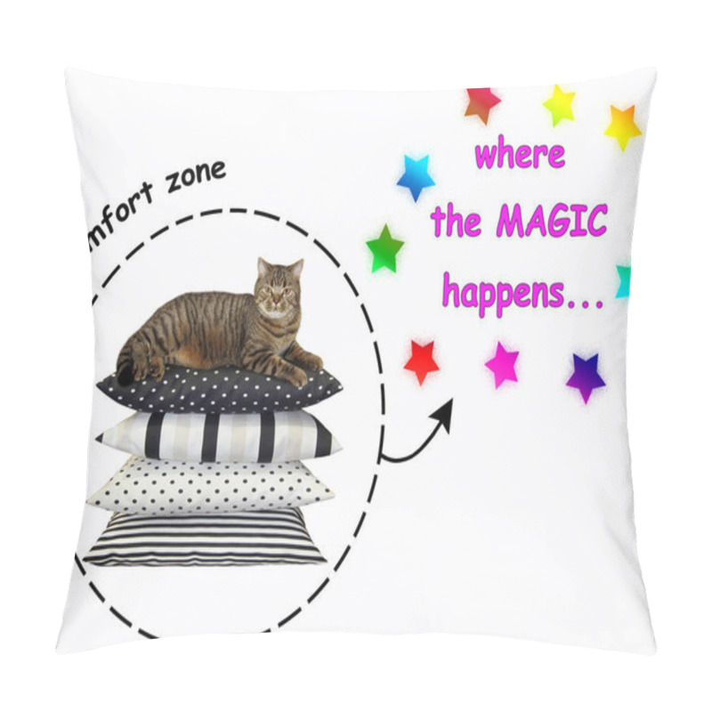 Personality  The Cat Lies On Pile Of Pillows In The Comfort Zone. Where The Magic Happens. White Background. Pillow Covers