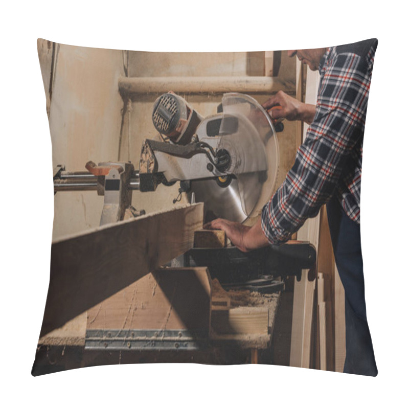 Personality  Partial View Of Carpenter Using Saw At Wooden Workshop Pillow Covers