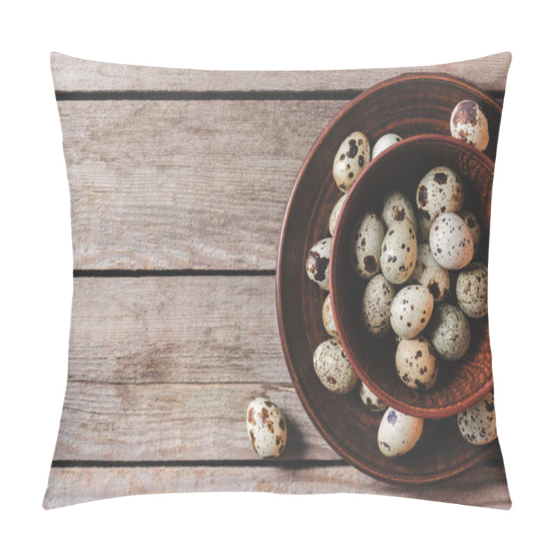 Personality  Top View Of Fresh Raw Organic Quail Eggs In Bowls On Wooden Table Pillow Covers